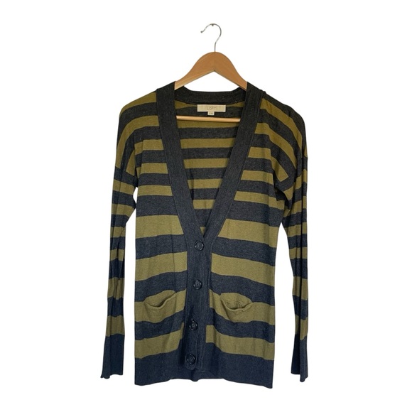 Ann Taylor LOFT Striped Button Cardigan S | Green Grey Long Sleeve Sweater - Picture 1 of 6